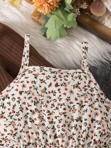 SHEIN 2pcs/Set Young Girl Knitted Brown Color Long Sleeve Cardigan And Ditsy Floral Camisole Dress Birthday Autumn Birthday Baby - Brown - View 7