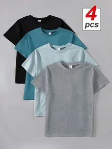 SHEIN 4入組/套少年男童針織基本彩色休閒T恤 - 彩色 - 查看 1