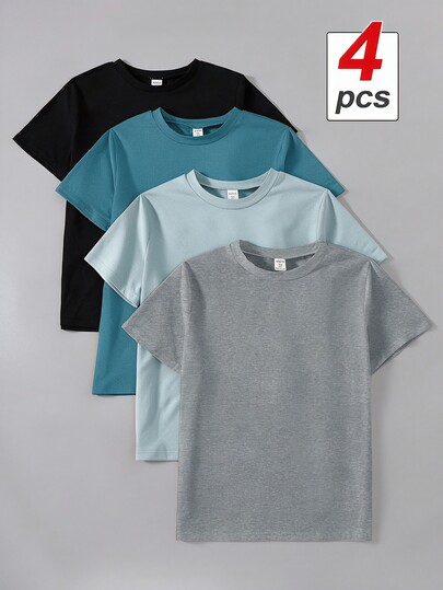 SHEIN 4pcs/Set Teen Boy Knitted Basic Resting Multicolor T-Shirt, School, Campus, College