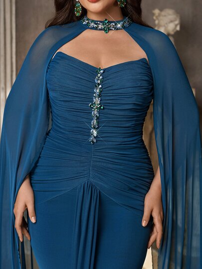 Aureia Plus Size Elegant Glamorous Peacock Blue Strapless Rhinestone Embellished Pleated Slimming Concealing Side Boob Fitted Mermaid Tail Train Formal Evening Gown For Gala, Ball, Birthday Party, Award Ceremony, Formal Dinner Party (Heavy Work Dress)