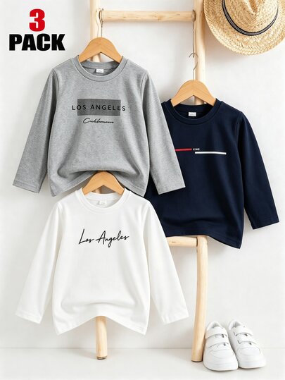 SHEIN 3 piezas Camisetas de manga larga para niños Otoño Nuevo Cuello redondo Azul marino Gris Blanco Estampado en inglés Capas base para niños Ropa interior y exterior para niños Pequeños Escuela