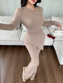 Feyla New Design Hollow Neckline Asymmetrical Hem Split Thick Fleece Knit Base Layer Set - Khaki - View 5