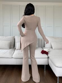 Feyla New Design Hollow Neckline Asymmetrical Hem Split Thick Fleece Knit Base Layer Set - Khaki - View 7