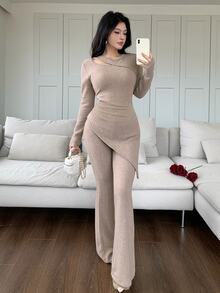 Feyla New Design Hollow Neckline Asymmetrical Hem Split Thick Fleece Knit Base Layer Set - Khaki - View 3