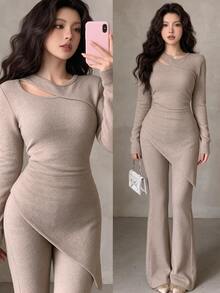 Feyla New Design Hollow Neckline Asymmetrical Hem Split Thick Fleece Knit Base Layer Set - Khaki - View 2