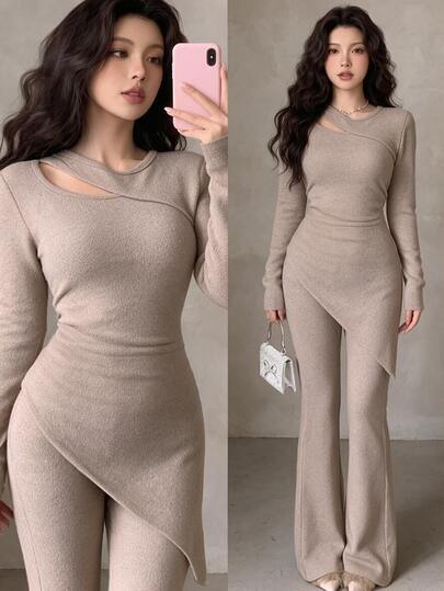 Feyla New Design Hollow Neckline Asymmetrical Hem Split Thick Fleece Knit Base Layer Set
