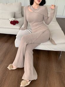 Feyla New Design Hollow Neckline Asymmetrical Hem Split Thick Fleece Knit Base Layer Set - Khaki - View 6