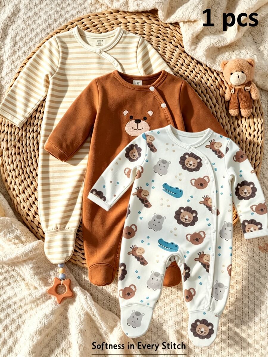 Baju Terusan Bayi Baru Lahir Motif Hewan Lucu, Lembut, Lengan Panjang, Dilengkapi Penutup Kaki, Pakaian Bayi, Hadiah Bayi - MultiWarna - View 1