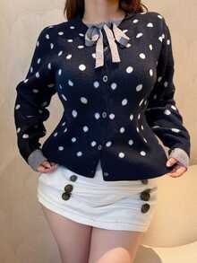 Vibekara Plus Size Black Knit Cardigan Women Round Neck Front Bowknot 2 In 1 Long Sleeve Casual Fairy Elegant Button Sweater Jacket Fall Formal Evening Winter - Royal Blue - View 3