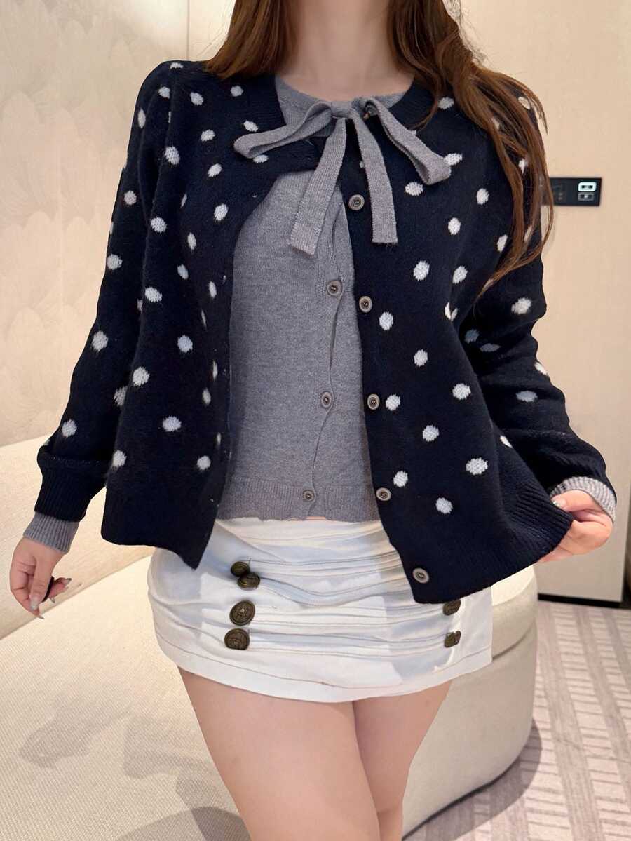 Vibekara Plus Size Black Knit Cardigan Women Round Neck Front Bowknot 2 In 1 Long Sleeve Casual Fairy Elegant Button Sweater Jacket Fall Formal Evening Winter - Royal Blue - View 1