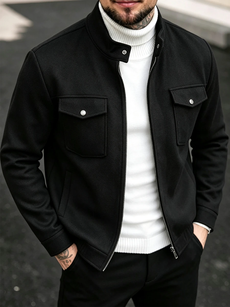 Manfinity CasualCool Men's Black Woolen Coat With A Lapel And Buttons, Regular Fit Short Jacket, Beige, Autumn, Casual Smart Style, Office, Christmas Gift - Black - View 1