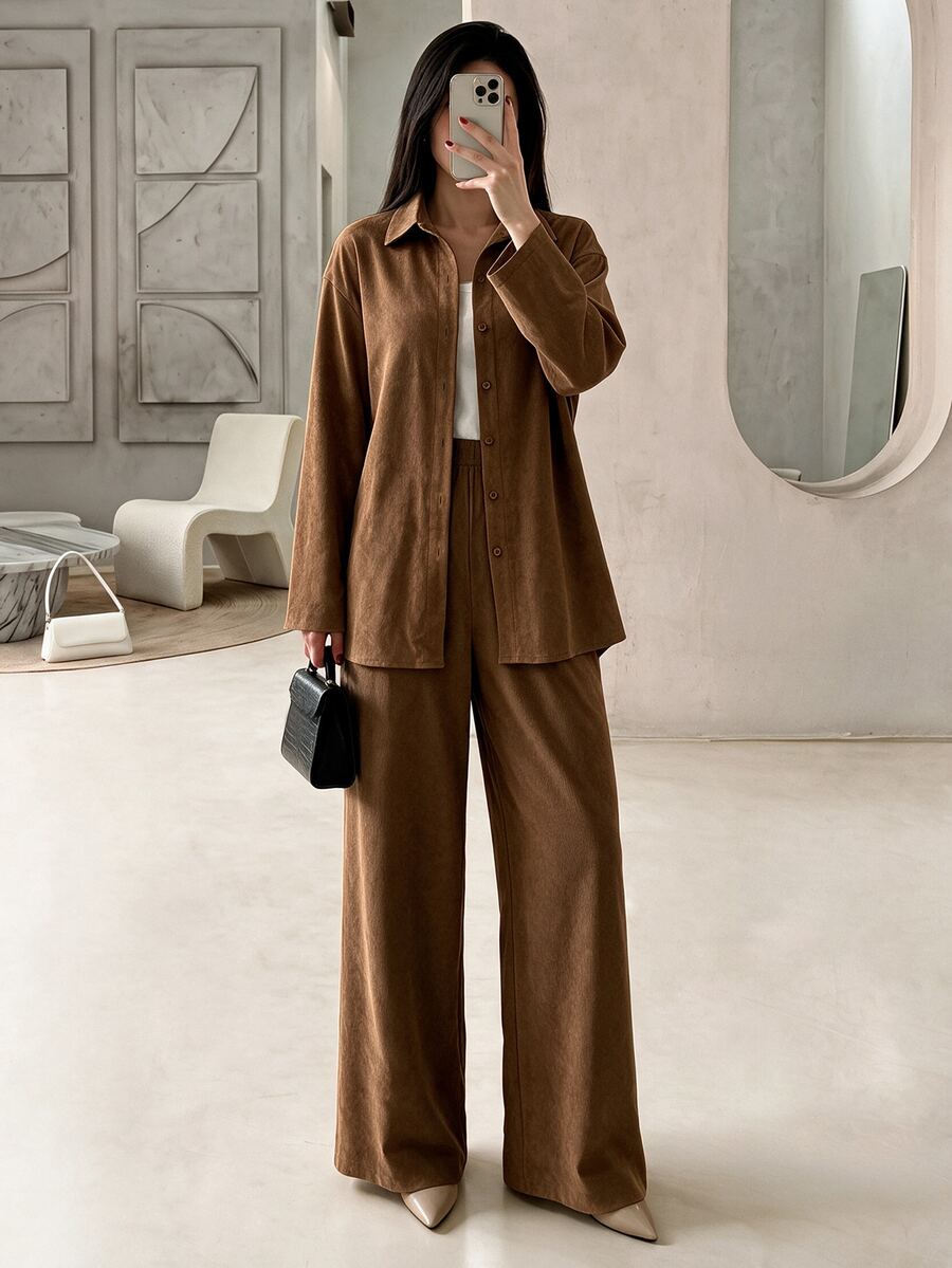 Rue Lumi Women's Long Sleeve Woven Twill Button-Up Casual Commute Top And Straight Leg Pants 2 Pieces Set - Brown - View 1