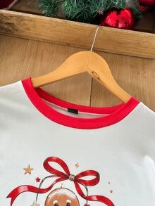 Dream Adore Christmas Themed Gingerbread Man Print Pajama Set, Classic Crew Neck Long Sleeve Design, Comfortable Home Leisure 2 Pieces Set - Red and White - View 5