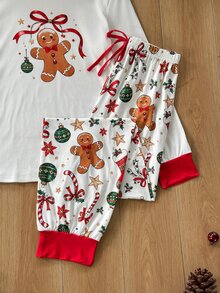 Dream Adore Christmas Themed Gingerbread Man Print Pajama Set, Classic Crew Neck Long Sleeve Design, Comfortable Home Leisure 2 Pieces Set - Red and White - View 3