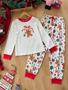 Dream Adore Christmas Themed Gingerbread Man Print Pajama Set, Classic Crew Neck Long Sleeve Design, Comfortable Home Leisure 2 Pieces Set - Red and White - View 1