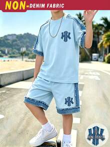 Teen Boy Color Block Print Short Sleeve T-Shirt And Shorts Set Sixth Form Holiday Blue Summer Streetwear Baggy - Multicolor - View 1