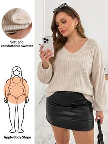 Shapeblank Plus Drop Shoulder Ribbed Knit Sweater Formal School College Orange Autumn Casual Soft Form Winter - Apricot - View 2