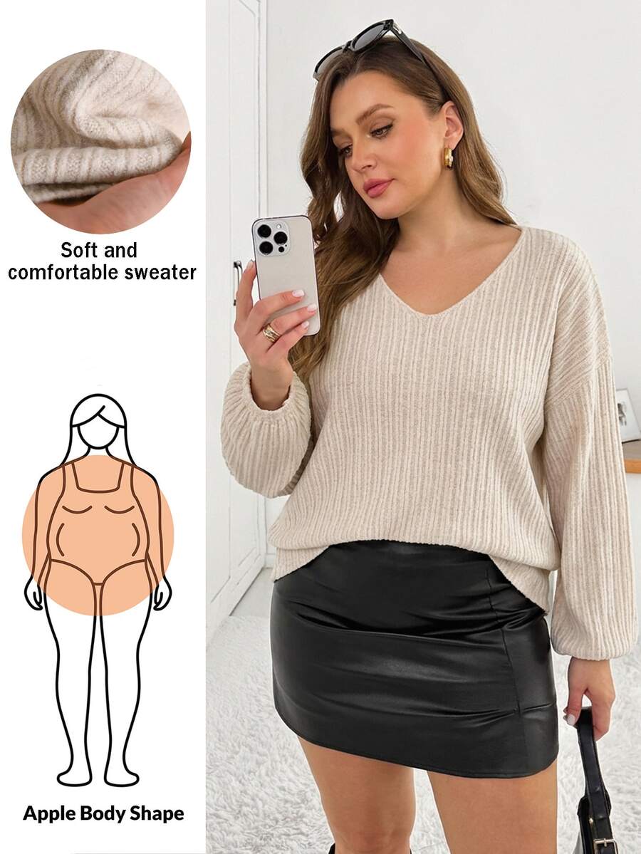Shapeblank Plus Drop Shoulder Ribbed Knit Sweater Formal School College Orange Autumn Casual Soft Form Winter