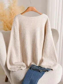 Shapeblank Plus Drop Shoulder Ribbed Knit Sweater Formal School College Orange Autumn Casual Soft Form Winter - Apricot - View 5