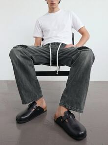 RivetRise 男士黑色做舊抽繩牛仔褲休閒寬鬆寬腿長褲 - 黑色 - 查看 8