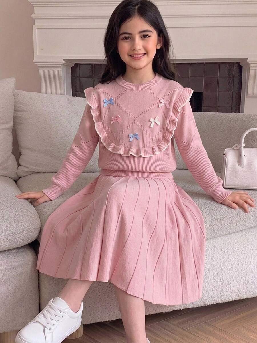 SHEIN 兒童青少年女孩粉色 2 件式針織套裝,可愛 3D 蝴蝶結毛衣搭配百褶裙,優雅,適合秋冬 - 粉色 - 查看 1