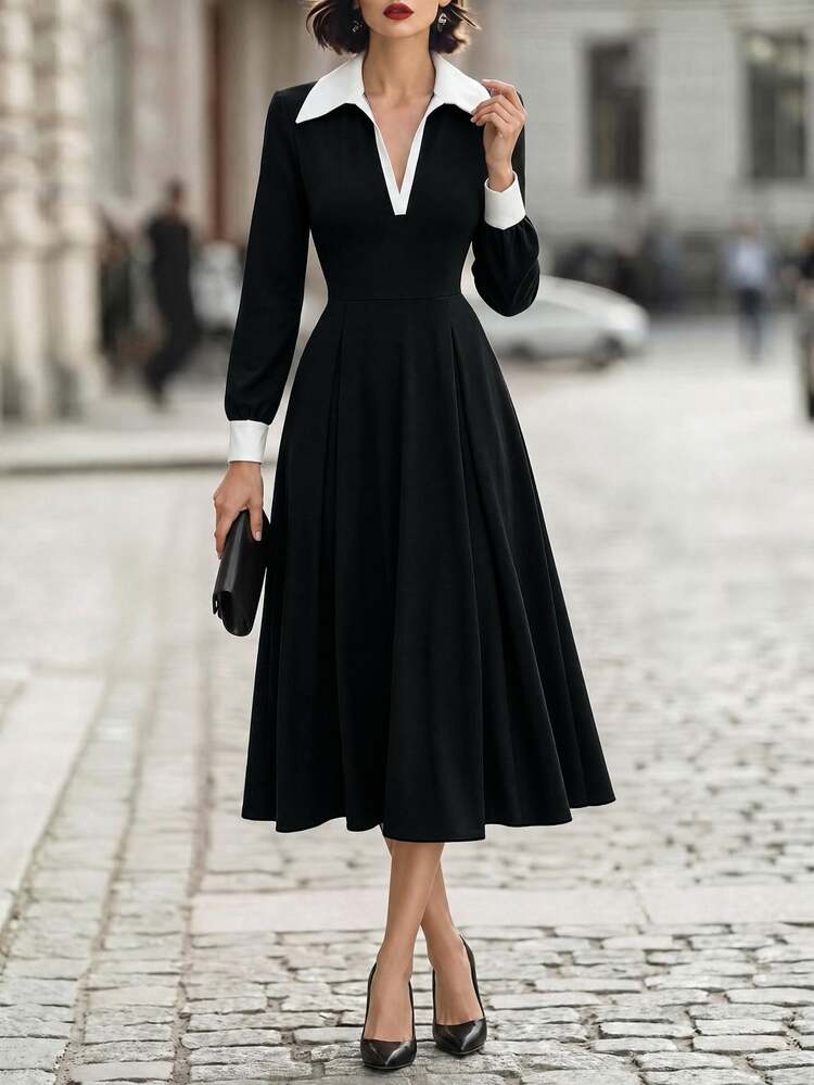 Balvessa Women's Vintage French Elegant Casual Daily Office Dinner Commute Outing Wedding Party Mother's Day Black And White Lapel V-Neck Dress - Multicolor - View 7
