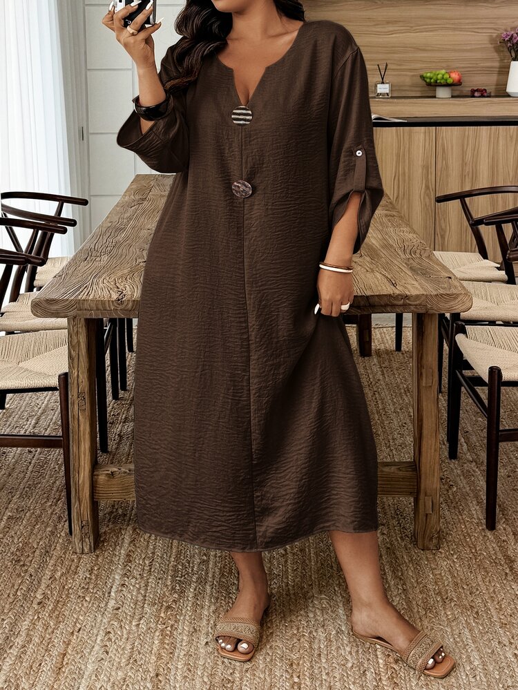 Weeklong Women's Plus Size Spring/Autumn Pullover Exquisite Metal Buckle Decor Loose A-Line Dress Fall/Winter - Brown - View 3
