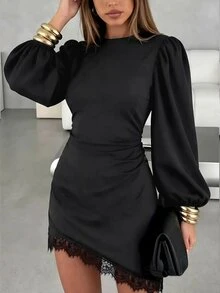 SHEIN LUNE Solid Black Round Neck Puff Long Sleeve Side Ruched Lace Hem Short Dress, Slim Fit Flattering Sexy Little Black Dress For Date, Party, Commute, Autumn/Winter - Black - View 4