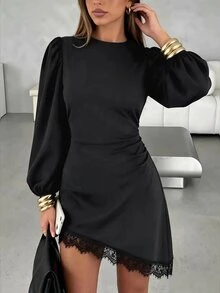 SHEIN LUNE Solid Black Round Neck Puff Long Sleeve Side Ruched Lace Hem Short Dress, Slim Fit Flattering Sexy Little Black Dress For Date, Party, Commute, Autumn/Winter - Black - View 1