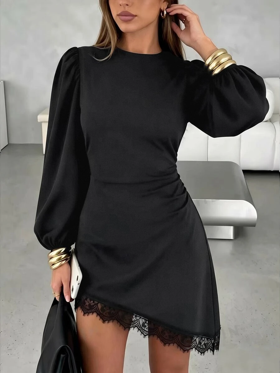 SHEIN LUNE Solid Black Round Neck Puff Long Sleeve Side Ruched Lace Hem Short Dress, Slim Fit Flattering Sexy Little Black Dress For Date, Party, Commute, Autumn/Winter - Black - View 1