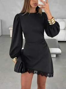 SHEIN LUNE Solid Black Round Neck Puff Long Sleeve Side Ruched Lace Hem Short Dress, Slim Fit Flattering Sexy Little Black Dress For Date, Party, Commute, Autumn/Winter - Black - View 3