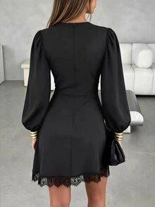 SHEIN LUNE Solid Black Round Neck Puff Long Sleeve Side Ruched Lace Hem Short Dress, Slim Fit Flattering Sexy Little Black Dress For Date, Party, Commute, Autumn/Winter - Black - View 2