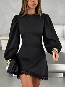 SHEIN LUNE Solid Black Round Neck Puff Long Sleeve Side Ruched Lace Hem Short Dress, Slim Fit Flattering Sexy Little Black Dress For Date, Party, Commute, Autumn/Winter - Black - View 5