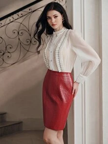 Anewsta Women's Elegant PU Skirt, Versatile Casual Commute - Red - View 2