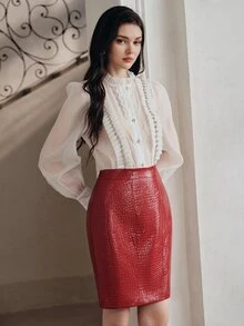 Anewsta Women's Elegant PU Skirt, Versatile Casual Commute - Red - View 4