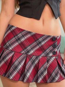 IslaSuriya Y2K Preppy Retro Red And White Plaid Plaid Pleated Mini Skirt School Everyday Autumn - Multicolor - View 6