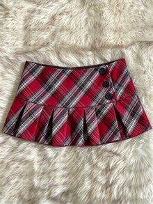 IslaSuriya Y2K Preppy Retro Red And White Plaid Plaid Pleated Mini Skirt School Everyday Autumn - Multicolor - View 1