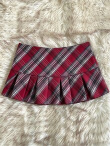 IslaSuriya Y2K Preppy Retro Red And White Plaid Plaid Pleated Mini Skirt School Everyday Autumn - Multicolor - View 2