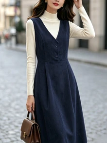 SHEIN Gaun Midi Tanpa Lengan dengan Kancing Setengah Terbuka dan Leher V dari Bahan Korduroi Warna Polos untuk Wanita, Musim Gugur/Dingin - Navy Blue - View 3