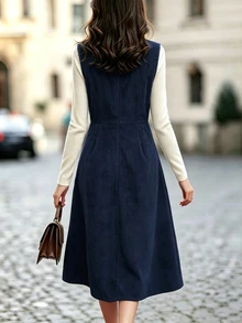 SHEIN Gaun Midi Tanpa Lengan dengan Kancing Setengah Terbuka dan Leher V dari Bahan Korduroi Warna Polos untuk Wanita, Musim Gugur/Dingin - Navy Blue - View 2