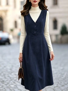 SHEIN Gaun Midi Tanpa Lengan dengan Kancing Setengah Terbuka dan Leher V dari Bahan Korduroi Warna Polos untuk Wanita, Musim Gugur/Dingin - Navy Blue - View 1