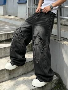 Manfinity Denimwave Men's Streetwear Gothic Style Cross Print Black & White Contrast Denim Flare Jeans - Black - View 3