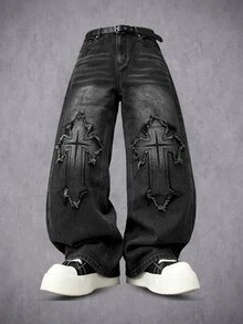 Manfinity Denimwave Men's Streetwear Gothic Style Cross Print Black & White Contrast Denim Flare Jeans - Black - View 2
