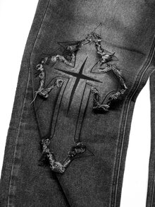 Manfinity Denimwave Men's Streetwear Gothic Style Cross Print Black & White Contrast Denim Flare Jeans - Black - View 4