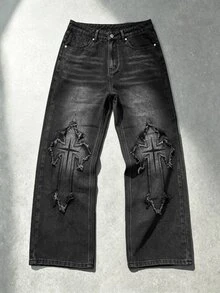 Manfinity Denimwave Men's Streetwear Gothic Style Cross Print Black & White Contrast Denim Flare Jeans - Black - View 6