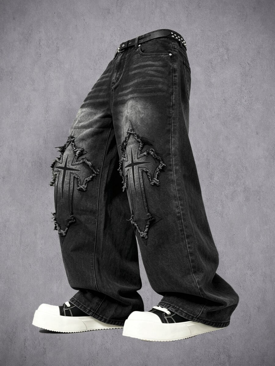 Manfinity Denimwave Men's Streetwear Gothic Style Cross Print Black & White Contrast Denim Flare Jeans - Black - View 1