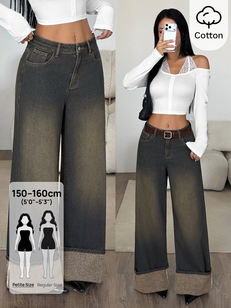 SHEIN PETITE 女款寬腿寬鬆休閒街頭百搭牛仔褲，附口袋，適合日常與夜晚外出，灰色，秋季 - 藍色 - 查看 1