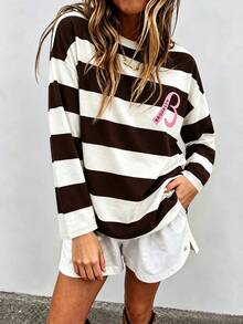 SuriyaCove Women's Autumn/Winter Basic Striped Colorblock Patchwork Crew Neck Long Sleeve Top, Suitable For Back To School, Travel, Street Style And Casual Daily Wear - Multicolor - View 5