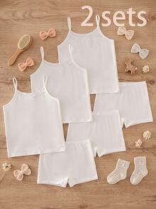 2 Sets Girls Basic Sweet Minimalist Multi-Color Lace Trim Camisole & Lace Trim Panty Lingerie Set, Innerwear - White - View 1
