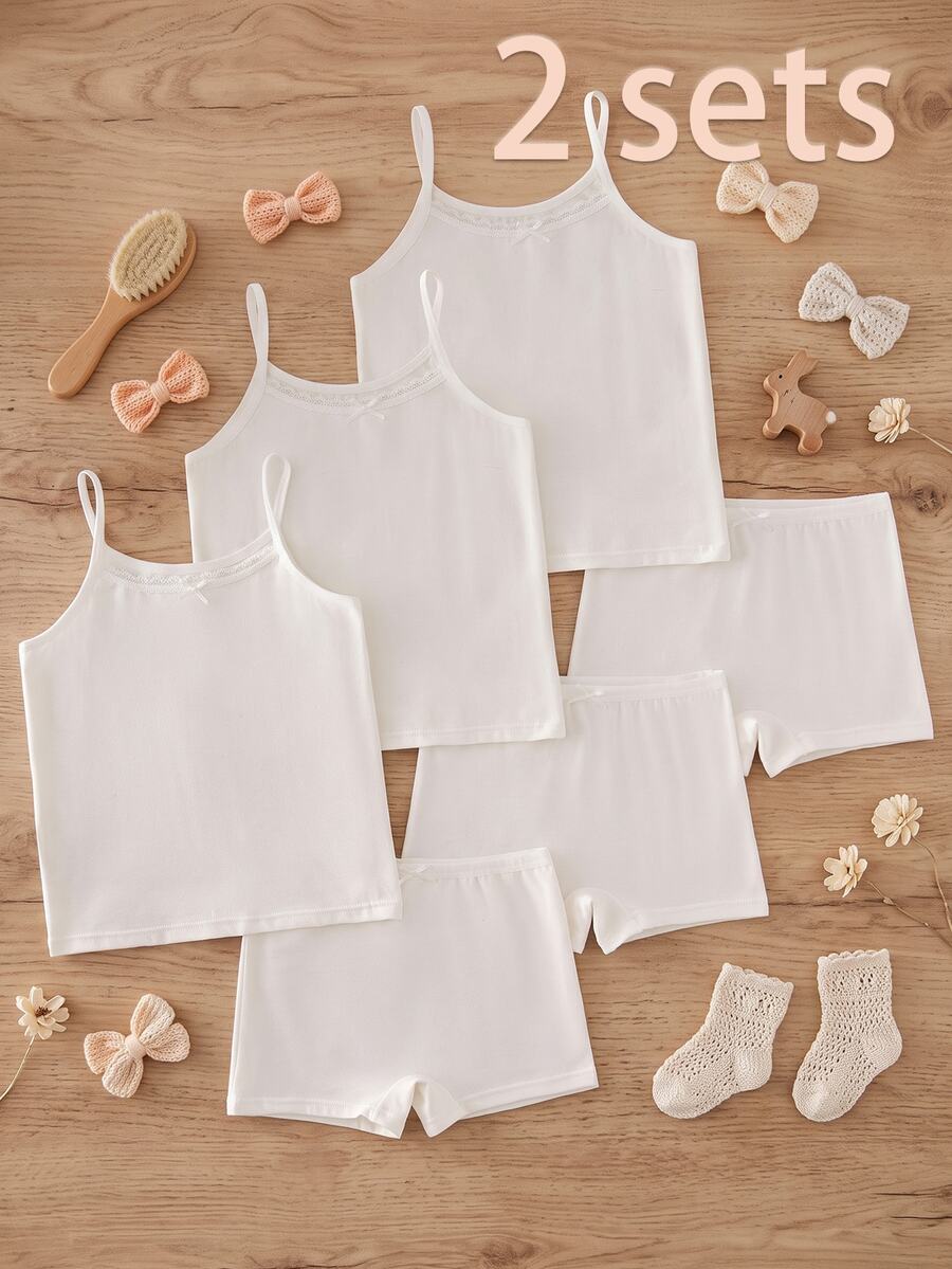 2 Sets Girls Basic Sweet Minimalist Multi-Color Lace Trim Camisole & Lace Trim Panty Lingerie Set, Innerwear - White - View 1